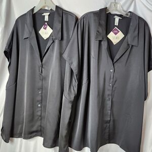 2 Ava & Viv Women's Satin Short Sleeve Button-Front Shirts Black Size 4X